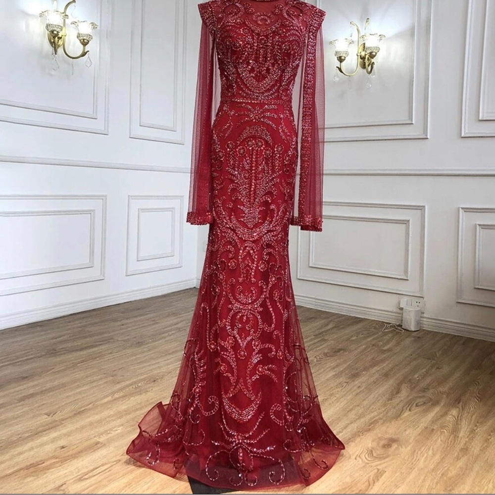 Gorgeous red beaded cap gown